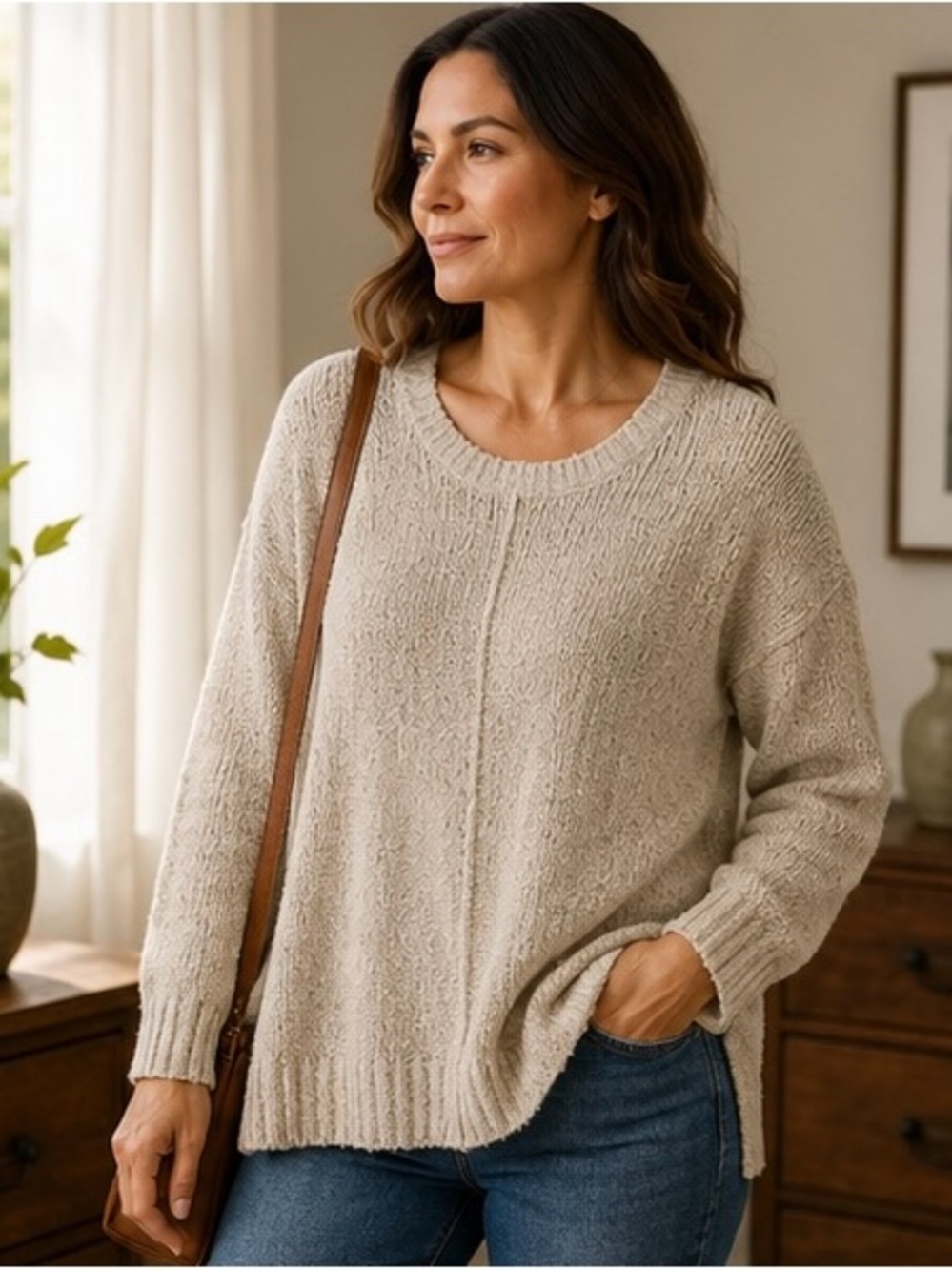 Eileen Fisher Organic Cotton Cashmere Bouclé Crew Neck Sweater XL Oatmeal Beige